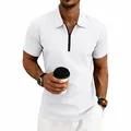 Detailed view of men's white waffle knit polo shirt featuring a modern zipper placket - S / Tops / White