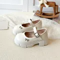 Elegant creamy white platform Mary Jane shoes with rhinestone bow detail for women - 26 / White