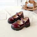 Retro burgundy thick-sole Mary Jane shoes with bow decoration for a French look. - 26 / Red