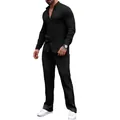 Full view of men's casual black vertical striped long sleeve shirt and pants set - S / Top And Bottom / Black
