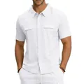 Detail of men's white linen short sleeve shirt featuring two chest pockets and collar - S / Tops / White