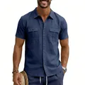 Men's navy blue short sleeve breathable linen shirt featuring stylish front cargo pockets - Navy Blue
