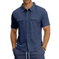High-quality detail view of men's navy blue short sleeve linen shirt with cargo pockets - S / Tops / Navy Blue