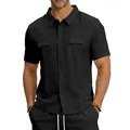 Detail view of a black linen short sleeve cargo shirt with dual chest pockets - S / Tops / Black
