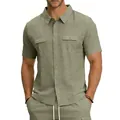 Detailed view of men's olive green linen cargo short-sleeve shirt with pockets. - S / Tops / Army Green