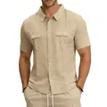 Ensemble chemise cargo décontractée en lin à manches courtes pour homme avec poches - Kaki