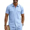 Men's light blue breathable linen shirt with short sleeves and dual cargo pockets. - Light Blue
