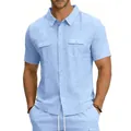 Détail de chemise en lin à manches courtes bleu clair pour homme avec deux poches - Bleu clair