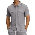 Vue détaillée de face d'une chemise en lin grise à manches courtes pour homme avec poches - Gris foncé