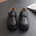 Classic black British style boys school leather shoes with convenient velcro strap - White Board Style