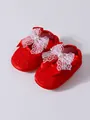 Red baby soft sole shoes with delicate white lace bow and pearl detail - Red