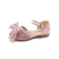 Elegant pink girls princess Mary Jane shoes with sequin bow and pearl strap details - Size 21 Inner Length 13.5CM / Pink