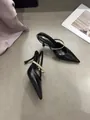 Elegant black French-style pointed-toe high heels featuring a metallic gold strap accent - 34 / 6cm Stiletto / Black