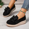 Schwarze Plateau-Loafer aus Wildleder für Damen mit Schleife und bequemer dicker Sohle - 35 / Schwarz-Bandschleife