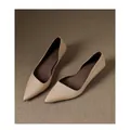 Elegant French style pointed toe kitten heel pumps in a soft nude leather finish for women - Apricot