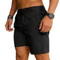 Detailopname van zwarte 2-in-1 heren sportbroek met trekkoord en functionele textuur. - Zwart