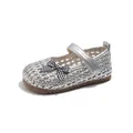 Scarpine da bambina argento intrecciate con fiocco a quadretti e suola in gomma morbida - Argento