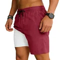 Detailopname van 2-in-1 sneldrogende sportshort voor heren in bordeauxrood en wit - Bordeauxrood