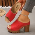 Red chunky platform mules with peep-toe design and contrast white stitching details - 35 / Red