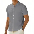 Graues Herren-Leinenhemd mit Stehkragen und Brusttasche, modischer Kurzarm-Freizeitstil - Grau