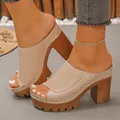 Close-up of beige platform chunky heel mule sandals with peep-toe design - 35 / Off White