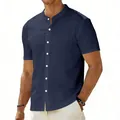 Herren-Freizeithemden aus Leinen, marineblau, Stehkragen, Kurzarm mit Tasche. - Marineblau