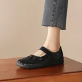 Comfortable black leather Mary Jane flats for women with floral detail and hook loop - 35 / Black