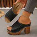 Stylish black peep-toe platform mules with chunky wood-grain high heels for summer - 35 / Black