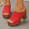 Stylish red platform peep-toe slide sandals featuring chunky high heels for summer comfort - 35 / Red