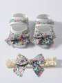 Floral print princess baby shoes and matching bow headband set for infant girls - Size 11 (Inner Length 10.5cm) / Shoes And Headband Set / White Pink Floral Style