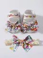 Charming floral print baby girl princess shoes and matching lace headband set with soft soles - Size 11 (Inner Length 10.5cm) / Shoes And Headband Set / Rainbow Floral Style