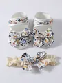 Floral baby girl shoes and lace headband set with bow detail for infants 0-1 year - Size 11 (Inner Length 10.5cm) / Shoes And Headband Set / Multicolor Floral Style