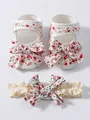 Blumenmuster Babyschuhe für Mädchen mit passendem Schleifen-Stirnband - Größe 11 Innenlänge 105 Cm / Set / Rot und Rosa Blumig (26-011-5)