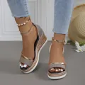 Close-up of elegant sparkly champagne gold wedge sandals with adjustable ankle straps. - 36 / Rose Gold