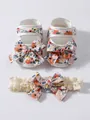 Hübsches Set aus geblümten Baby-Prinzessinenschuhen und passendem Spitzen-Stirnband - Größe 11 Innenlänge 105 Cm / Set / Orange Blumig (26-011-6)