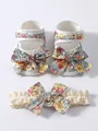 Elegantes Baby Mädchen Blumenschuh und Stirnband Set mit weicher Sohle für 0-1 Jahr - Größe 11 Innenlänge 105 Cm / Set / Rosa Gelb Blau Blumig (26-011-7)