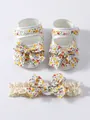 Blumige Babyschuhe und passendes Stirnband-Set für Mädchen weiche Sohle Prinzessin - Größe 11 Innenlänge 105 Cm / Schuhe und Stirnband Set (26-011-8) / Weiß Buntes Blümchenmuster