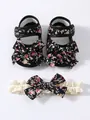 Baby-Mädchen Schuhe mit Blumenmuster und Spitzenstirnband-Set mit Schleifen - Größe 11 Innenlänge 105 Cm / Schuhe und Stirnband Set (26-011-9) / Schwarzer Hintergrund Rot-Rosa Blumenmuster