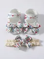 Elegante blumige Babyschuhe und passendes Spitzen-Stirnband-Set für Mädchen weiche Sohle - Größe 11 Innenlänge 105 Cm / Schuhe und Stirnband Set (26-011-10) / Regenbogen Rot-Blaues Blumenmuster