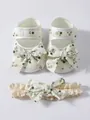Niedliche Prinzessinnenschuhe für Babys mit Blumenmuster und passendem Spitzenstirnband - Größe 11 Innenlänge 105 Cm / Schuhe und Stirnband Set (26-011-11) / Grünes Blumenmuster