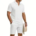 Détail de haute qualité de l'ensemble polo et short en maille gaufrée pour homme - Blanc