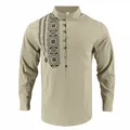 Camicia casual in lino da uomo stile etnico con colletto alla coreana e stampa - Taglia S / Top / Cachi