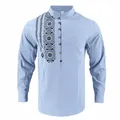Camicia da uomo in lino azzurro con stampa etnica, colletto alla coreana. - Taglia S / Top / Azzurro