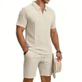 Ensemble homme d'été en maille gaufrée avec polo à col en V et short à cordon de serrage. - Abricot