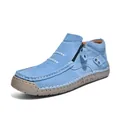 Detailed view of blue high-top casual outdoor shoe with white stitching and rubber sole - 36 / Sky Blue