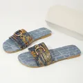 Blue denim flat sandals for women with gold sequins and metallic horse-bit buckle - 36 / Blue