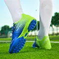 Breathable kids soccer shoes in blue and neon green with Velcro and TF turf studs - 30 / Sapphire Blue