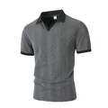 Stylish men's grey jacquard knit polo shirt featuring a contrast black collar and cuffs - S / Tops / Dark Gray