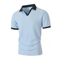 Light blue short-sleeved polo shirt with black contrast collar and jacquard texture - S / Tops / Light Blue