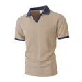 Classic khaki men's Polo shirt with cable knit texture and navy contrast collar. - S / Tops / Khaki